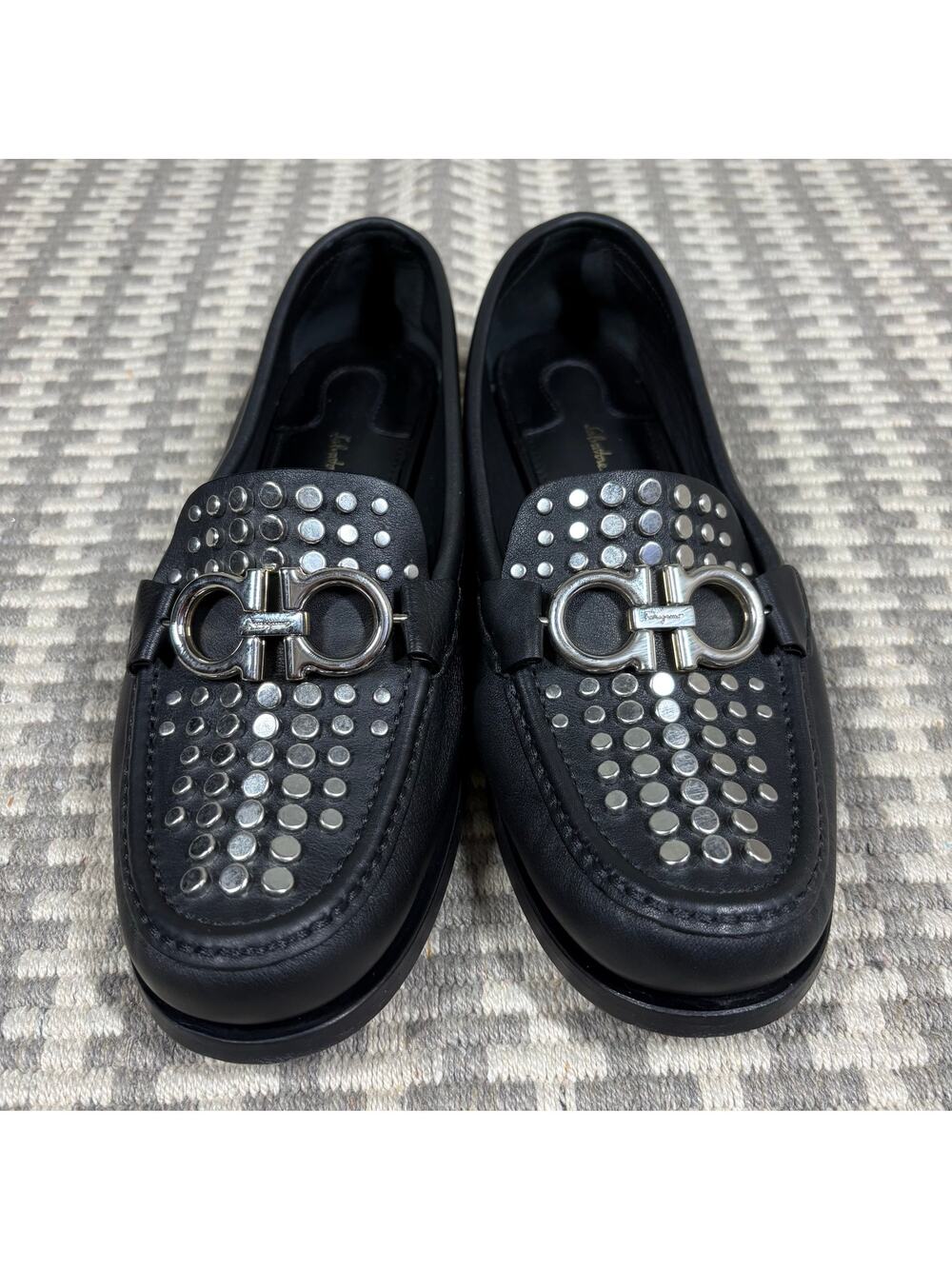 Salvatore‎ Ferragamo Gancini Studded Loafers Black Leather Italy Size 7 C